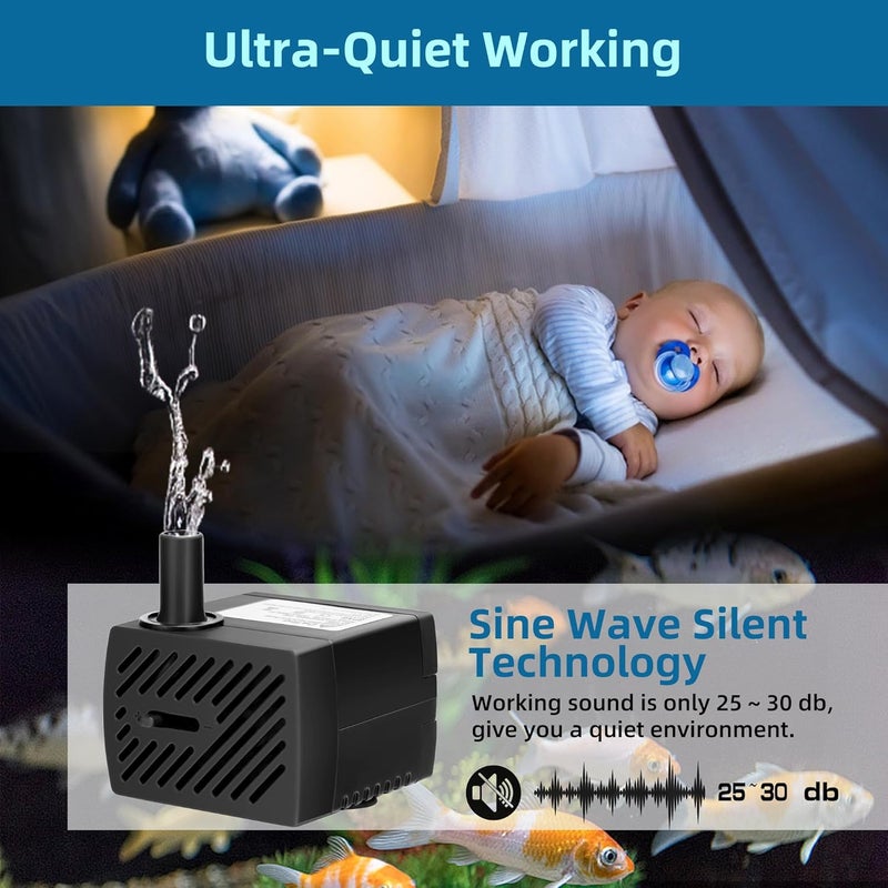 DATOO Mini Submersible Fountain Water Pump With LED Light 95GPH 5W Small Ultra Quiet Water Pump With Tubing For Aquarium Fish Tank Outdoor Pond Water Feature Fountain Statuary - Image 4